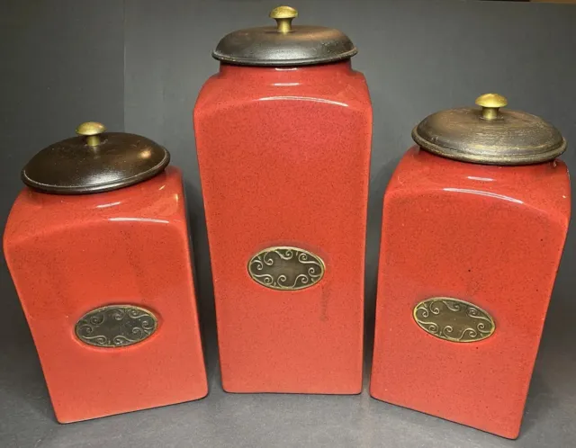 PIER 1 Import Rustic Brick Red 3 PCs Ceramic Canister Set W/ Vacuum Seal Lids