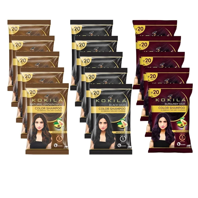 Kokila Shampoo Hair Color - (Burgundy, Black & Brown 5 Pieces Each) Pack of 15
