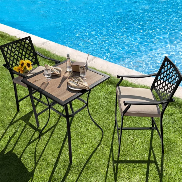 3 Pieces Patio Bar Set Bar Height Outdoor Bistro Set W/ 2 Upholstered Bar Stools 3