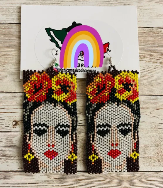 Huichol Beaded Frida Kahlo Earrings Mexican Chaquira Aretes De Chaquira Frida