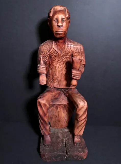 Early 20th C FOLK ART HAND CARVED WOOD OF SEATED FIGURE DRINKING, EXCELLENT