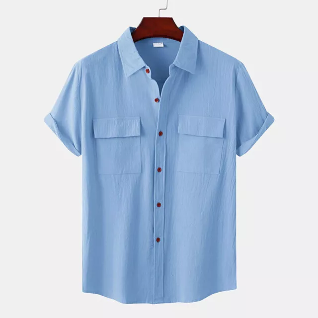 Summer Mens Casual Short Sleeve Beach Linen Cotton Solid Color Button Down Shirt