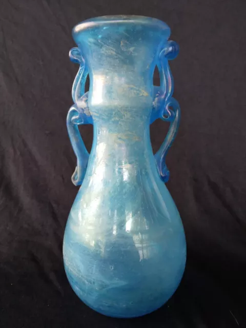 Large Late  Roman Glass Bottle Blue With Complex Double Handles