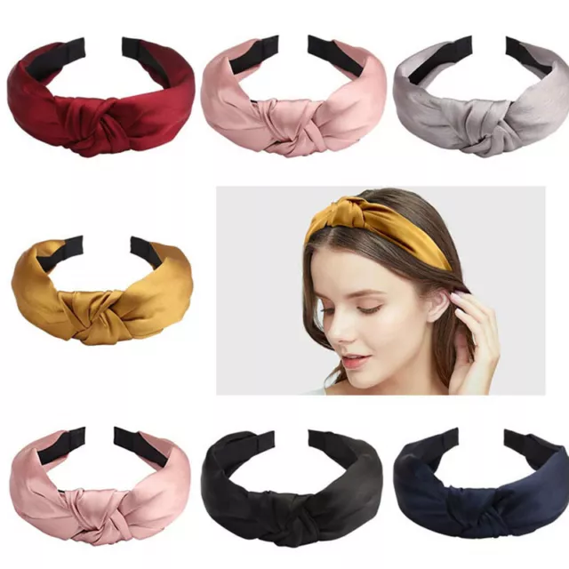 Bandeau En Satin Large Côté Cerceau Pour Cheveux Nœud Croisé Couleur Unie #