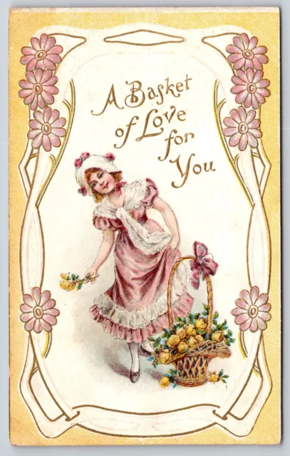 A Basket Of Love For You~Girl W/ Yellow Rose Flower Bouquet~Embossed~Vintage PC