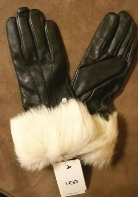 New NWT UGG Australia Tech Sheepskin Leather Gloves Shearling Cuff Black Large