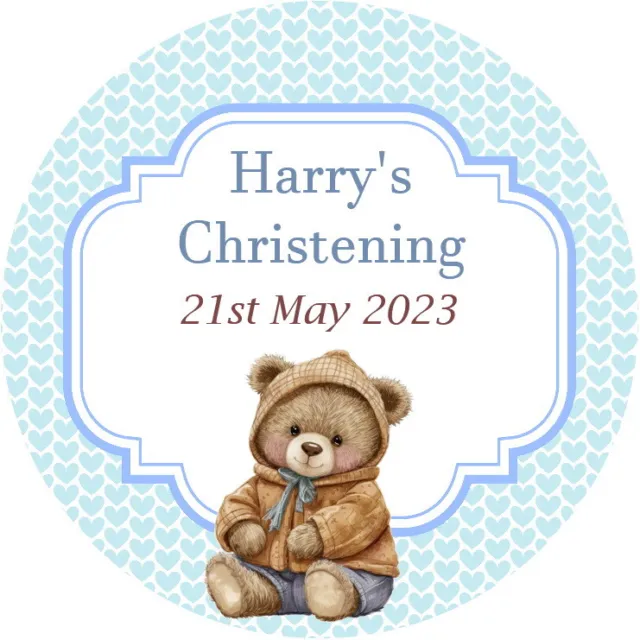 Teddy Christening  Personalised Gloss Stickers  Baby Shower Blue Birthday Labels