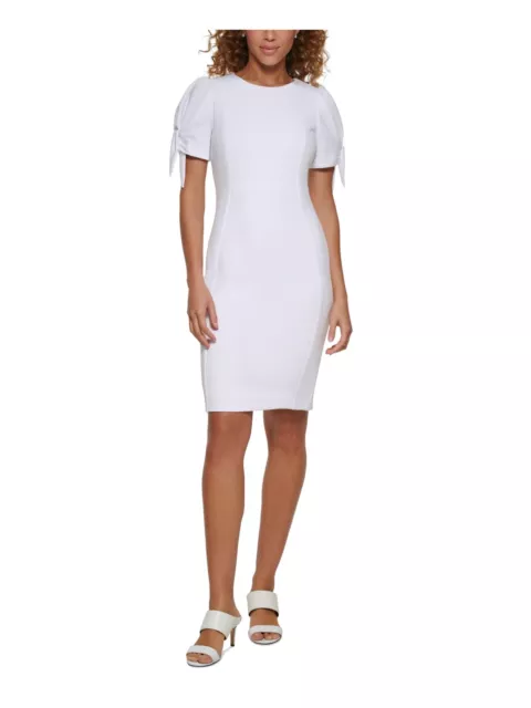 CALVIN KLEIN Womens White Lined Tie Cuffs Short Sleeve Sheath Dress 16