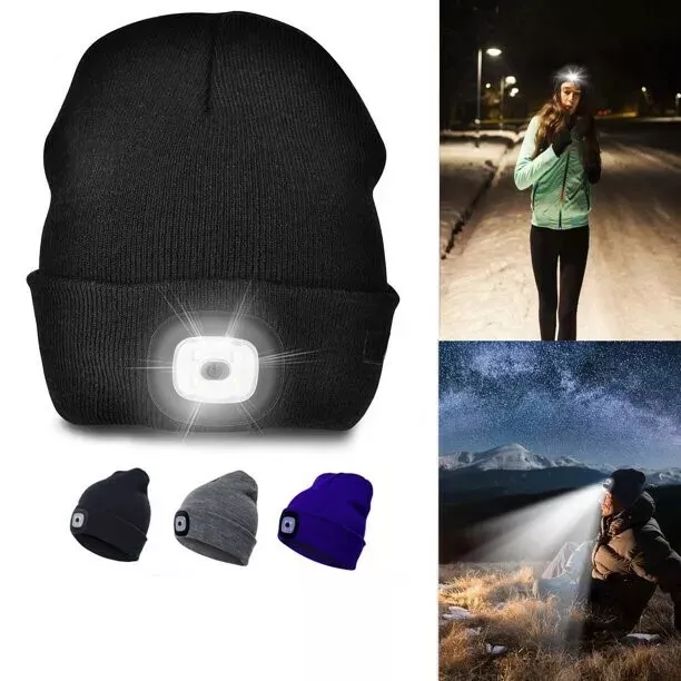 Unisex LED Beanie Hat With USB Rechargeable Battery 5 Hours High Powered Light