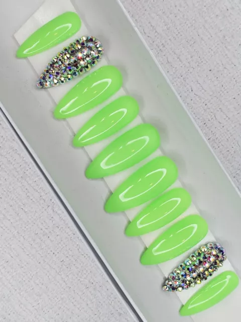 Neon lime green Bling Nails - long stiletto press on nails crystal diamond