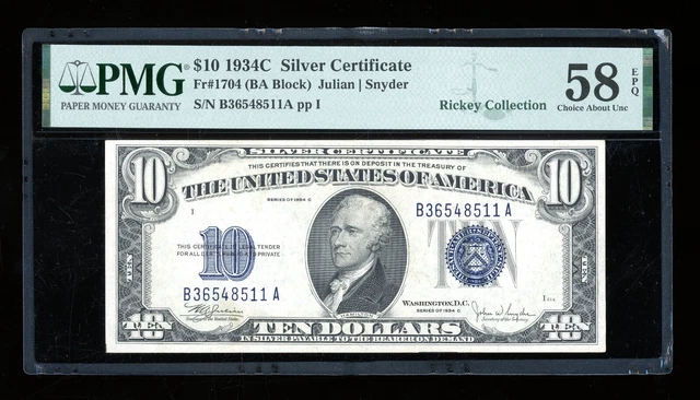 DBR 1934-C $10 Silver Fr. 1704 PMG 58 EPQ Serial B36548511A