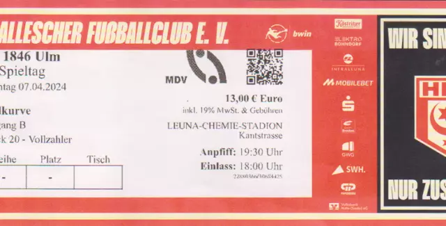 1 Ticket 7.4.2024 Hallescher FC HFC  SSV Ulm 1846 Eintrittskarte 2023/24 Sammler