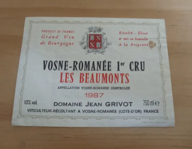 étiquette de vin vosne romanée 1987