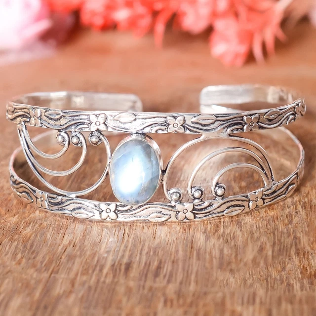 Bracelet Manchette En Argent Sterling 925 Avec Labradorite Bleu Feu - Fait Main, Inde