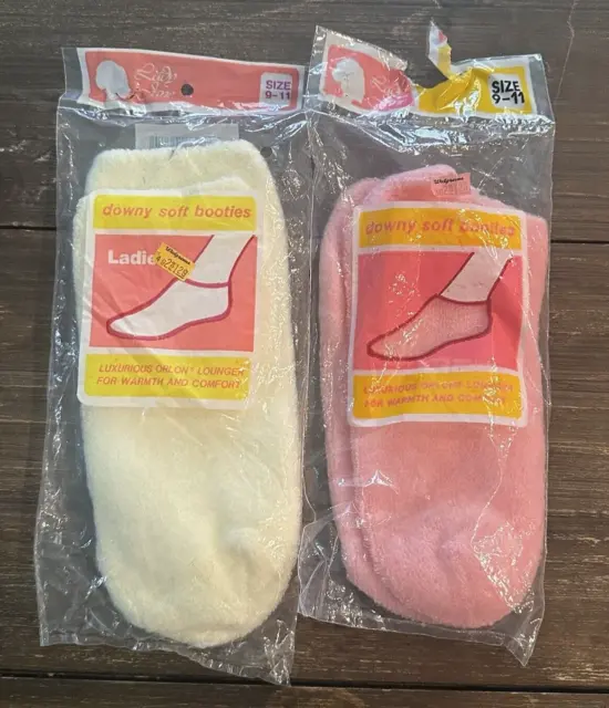 Orlon Acrylic Fuzzy Bootie Socks Yellow Pink Lot Of 2 Walgreens Lady Jane Vtg