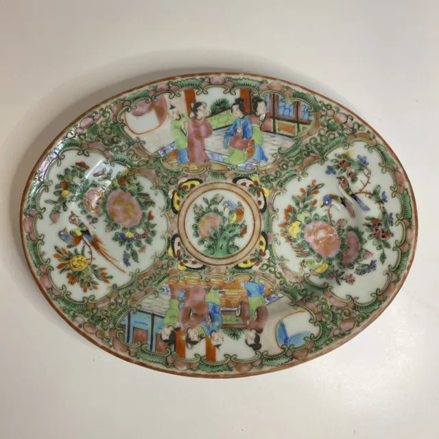Antique Chinese Famille Rose Medallion Porcelain Oval Plate 19th C. Butterflies