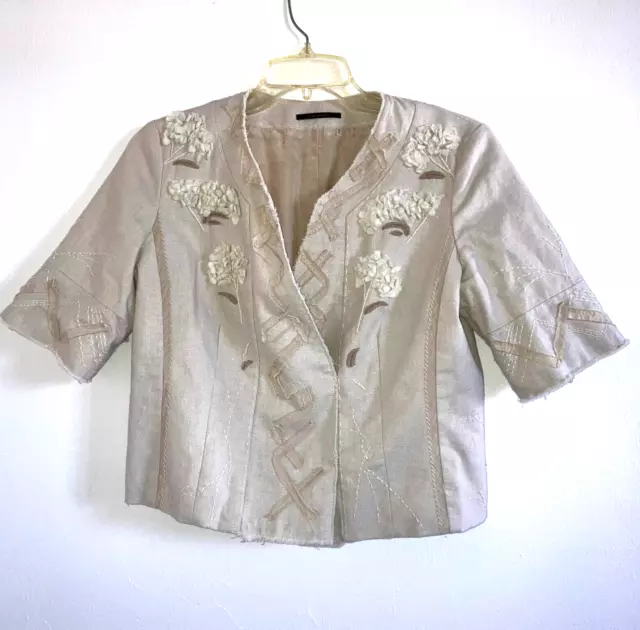ELIE TAHARI M Linen Cotton Short Sleeve Embroidered Lined Top Cropped Jacket
