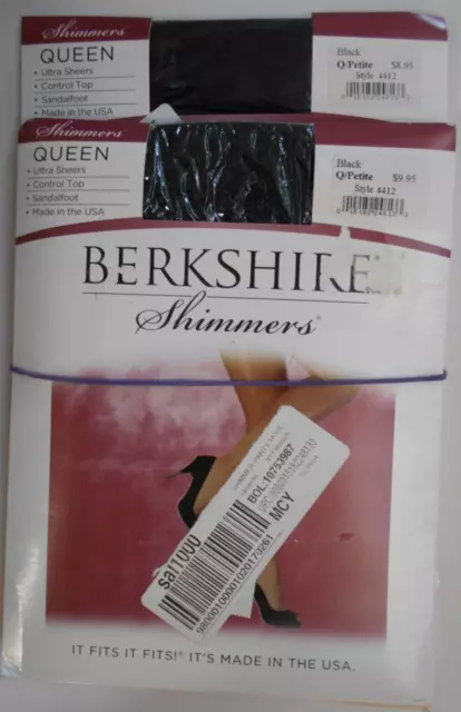 BERKSHIRE- Lot of 2 Shimmers, Control Top Pantyhose, # 4412, Black, Queen Petite