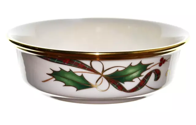 Lenox Holiday Nouveau Gold Dessert Fruit Bowl Christmas Holly W Tartan Ribbon