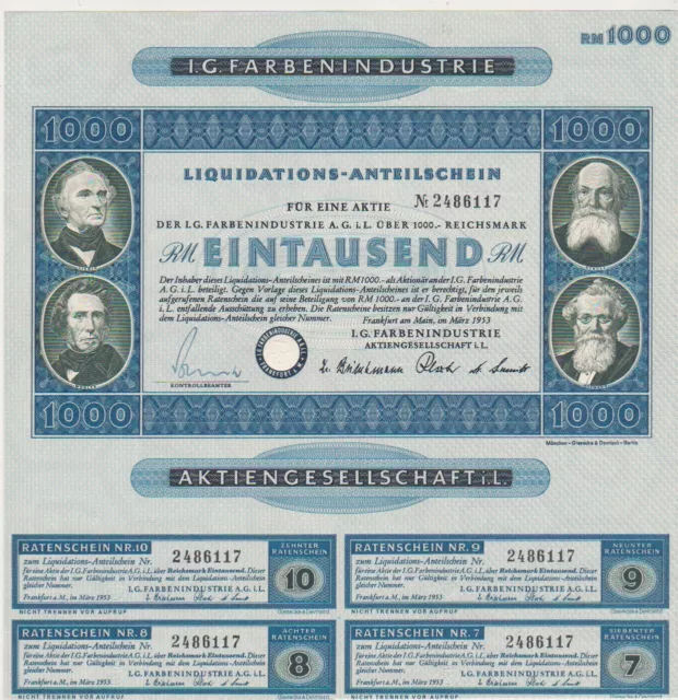 1 AKTIE IG FARBEN LIQUIDATIONS ANTEILSCHEIN RM 1000 Reichsmark rare share