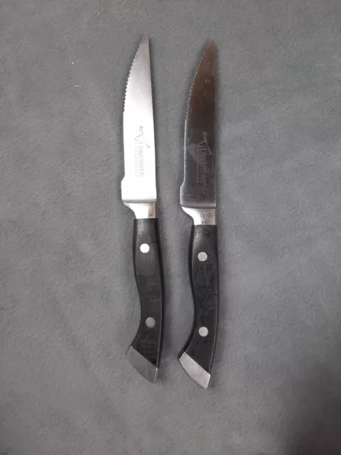 TWO LONGHORN STEAKHOUSE Steak Knives, heavy weighted, w/ Logo, Serrated  10.75
