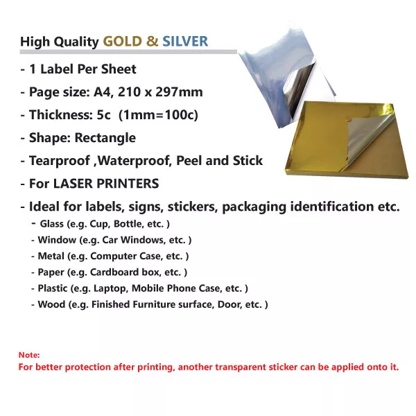 A4 Glossy Gold / Silver PET Self Adhesive Sticker Paper Sheet Label Laser Print 2