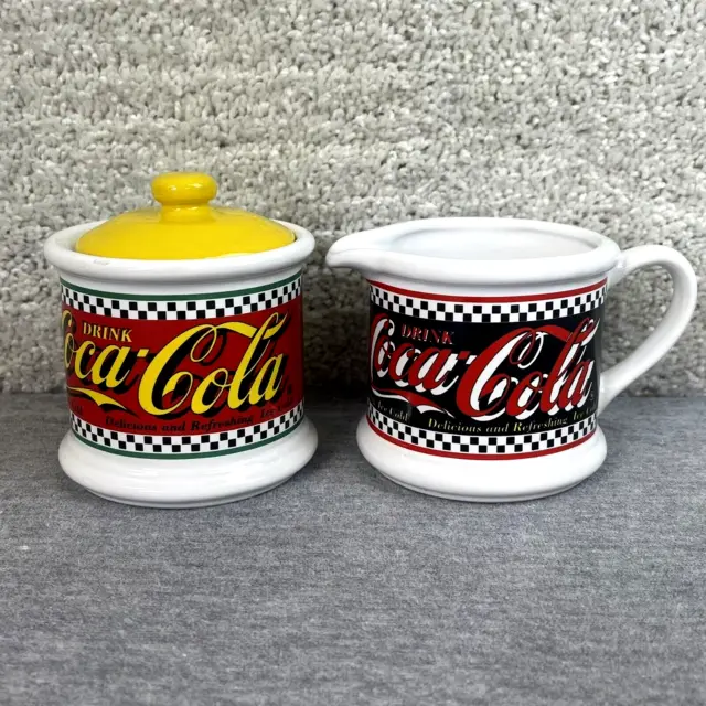Vintage 1995 Coca Cola Sugar Bowl with Lid and Creamer By Enesco Co