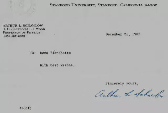 "Nobel Prize In Physics" Arthur Schawlow Signed TLS Dated 1982