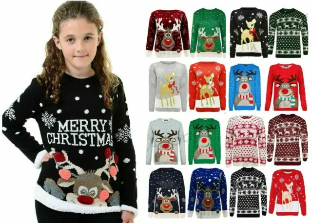 Kids Christmas Jumper Reindeer Novelty Knitted Xmas Jumper Girls Boys Sweater
