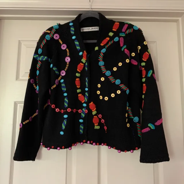Michael Simon sweater sz 2 embroidered, Beads And Buttons Covered Button Front