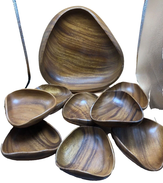 Vintage Wooden Hand Carved One Large Salad Serving Bowl & 8 Bowls