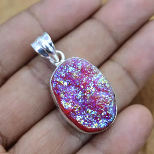 Pink Titanium Druzy 925 Solid Sterling Silver Jewelry Pendant