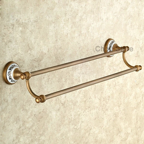 Bathroom Double Rail Towel Rack Antique Brass Shower Bath Towel Hold Art Ceramic