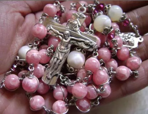 * STERLING 925 SILVER UNDOUBTED RHODOCHROSITE ROSARY CROSS catholic NECKLACE BOX
