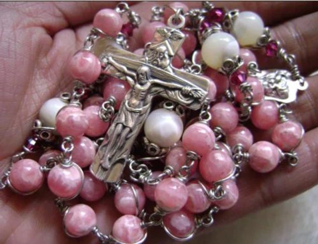 * STERLING 925 SILVER UNDOUBTED RHODOCHROSITE ROSARY CROSS catholic NECKLACE BOX