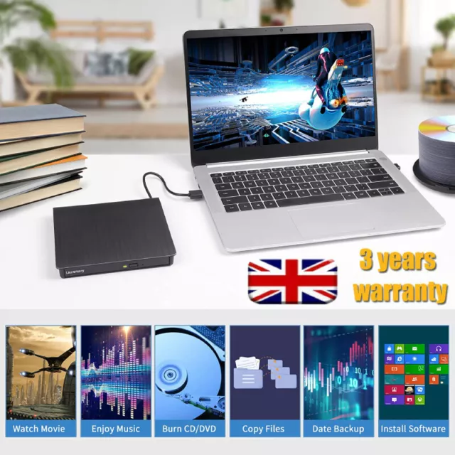 Slim External CD DVD Drive USB 3.0 Player Burner Writer For Laptop PC Mac Book