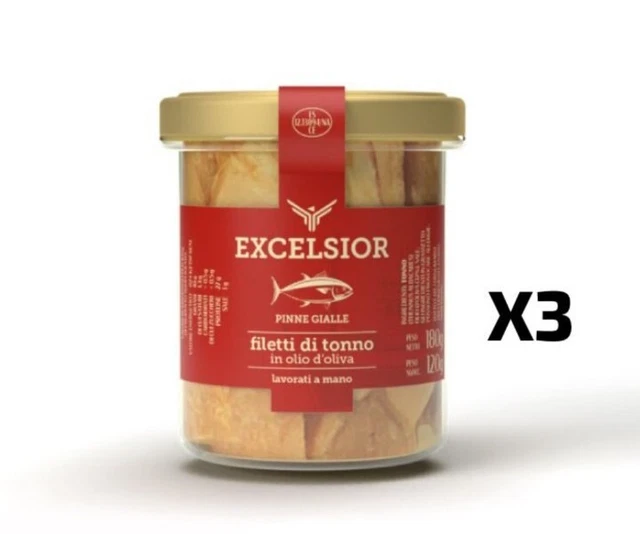 3 vasetti Filetti di Tonno Pinne Gialle Excelsior in olio di oliva Alta Qualità