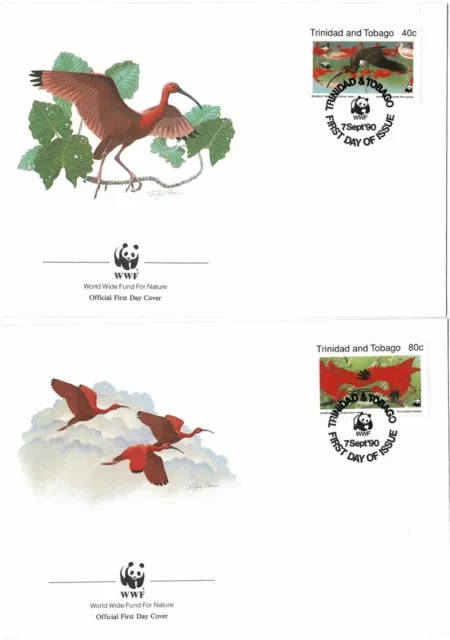 TRINIDAD & TOBAGO 1990 SCARLET IBIS 4 x WORLD WILDLIFE FUND FIRST DAY COVERS FDC