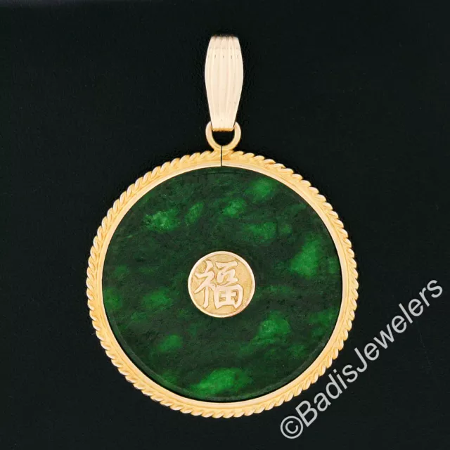 Nachlass 10K Gold Rund Dunkelgrün Jade mit asiatischem Symbol Medaillon Scheibe Anhänger 2