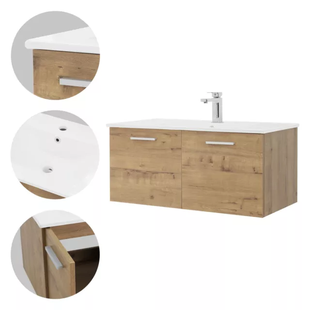 Conjunto muebles de baño de 2 piezas armario bajo MDF roble rojo y lavabo 91cm 3