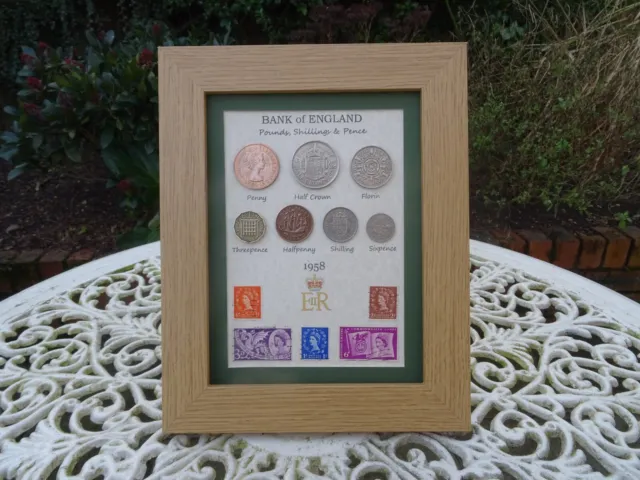 66th Birthday, 1958, 7 coin and Stamps Framed set, Unique Gift for 2024