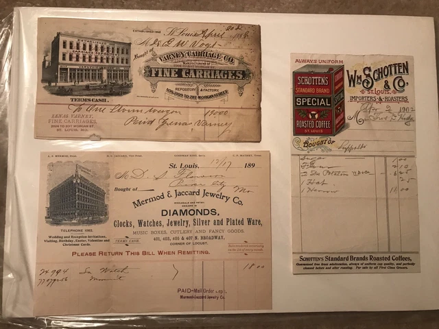 Group Of (3) Antique Paper Invoice Receipts Jewelry, Carriage Company, Coffee