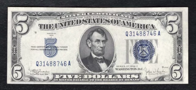 1934-C $5 Five Dollars Silver Certificate Currency Note Choice Uncirculated
