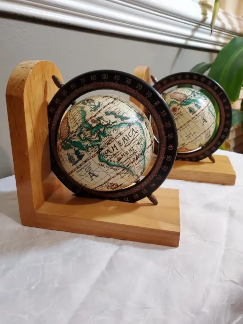 Beautiful Pair Full-Spin Old World Globe Oak-Mounted Bookends