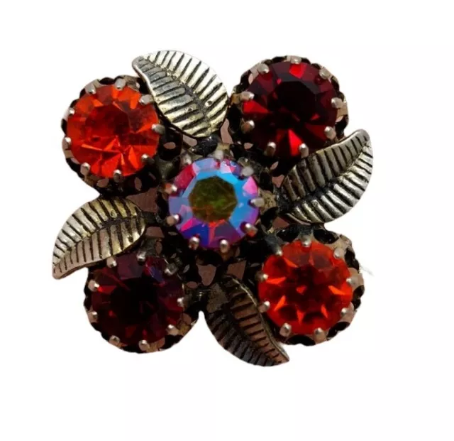 Vintage Made in Austria Red Rhinestones Silver tone leaves Brooch pin