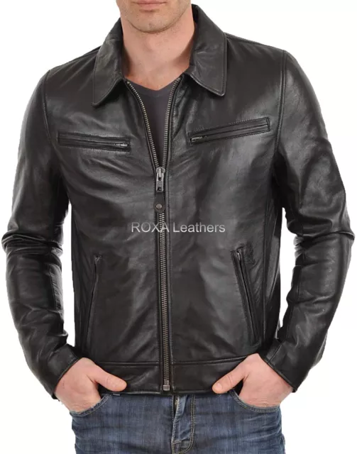 ROXA Black Leather Jacket Pure Men's Genuine Lambskin Zip Pockets Biker Collared