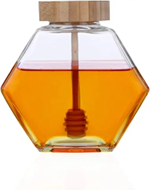 Hexagon Shape Honey Pot Jar with Dipper Heat-Resistant Glass Storage Container f