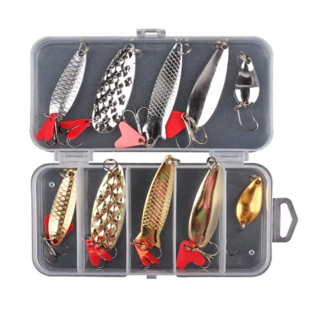 10Pcs Fishing Metal Spoon Lure Kit Set Gold Silver Baits Sequins Spinner Lur SN❤