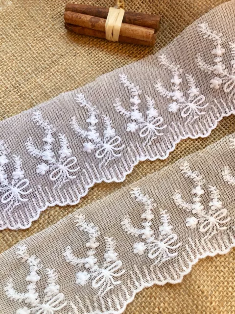 White or Ivory Vintage 100% Cotton French  Embroidered Tulle Lace Trim  8 cm