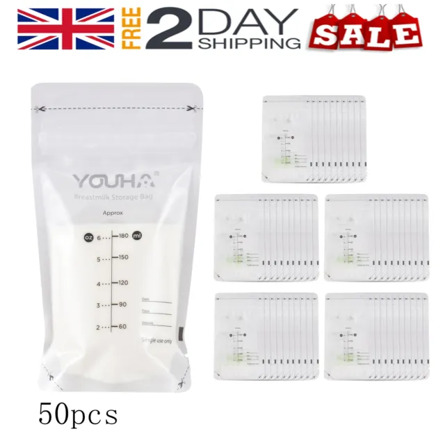 YOUHA Breastmilk Storage Bags Double Zipper Seal Leak-Proof 50pcs 180ml/6oz UK